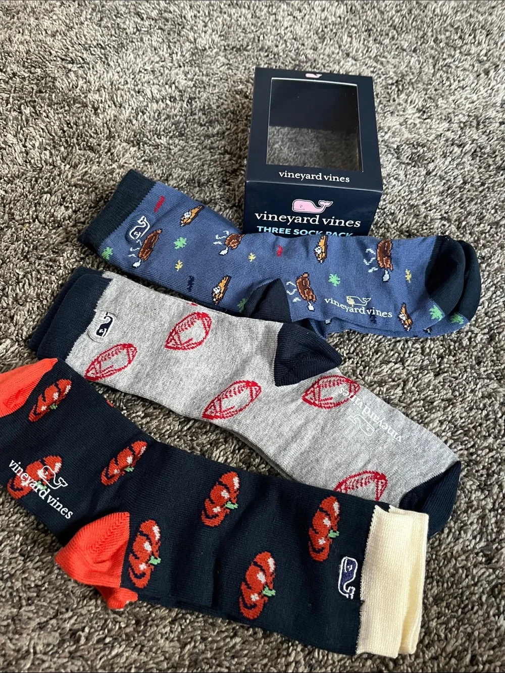 Vineyard Vines boys Novelty Sock 3-Pack - Navy, Gray, Blue, fall, football. New
